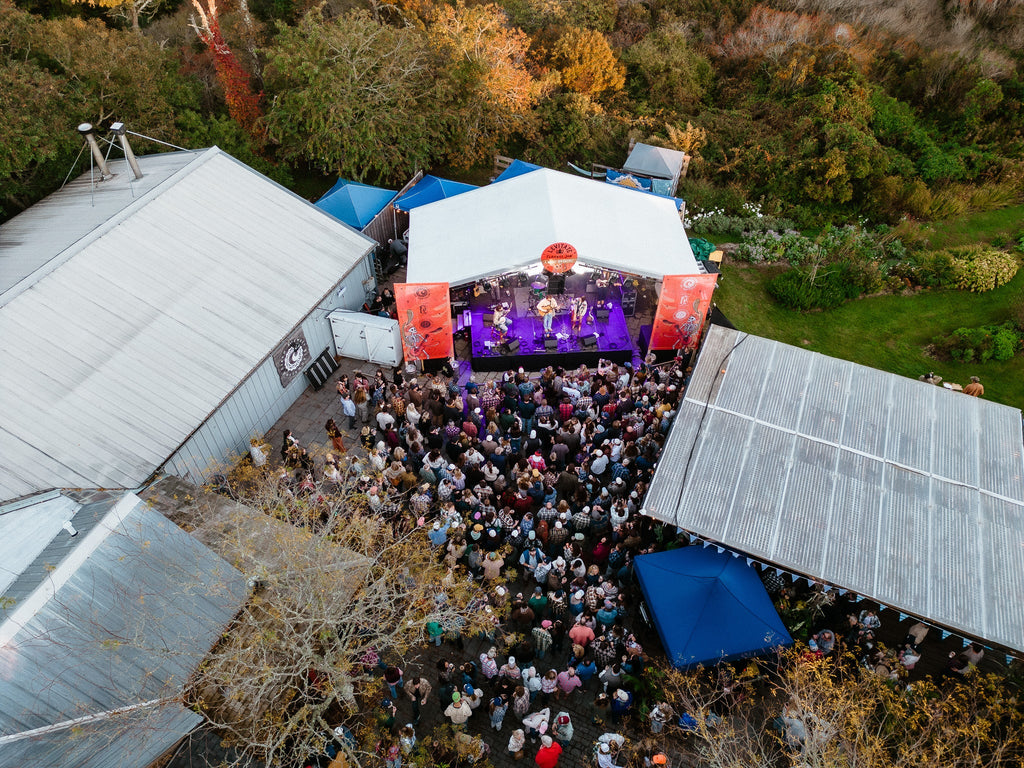 Aerial view of the Flannel Jam crowd and stage at Cisco Brewers at dusk