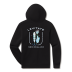 Levitate Lured In Hoodie, back: Jointed swimbait and bucktail fishing lures framed inside a fishhook with Levitate New England lettering
