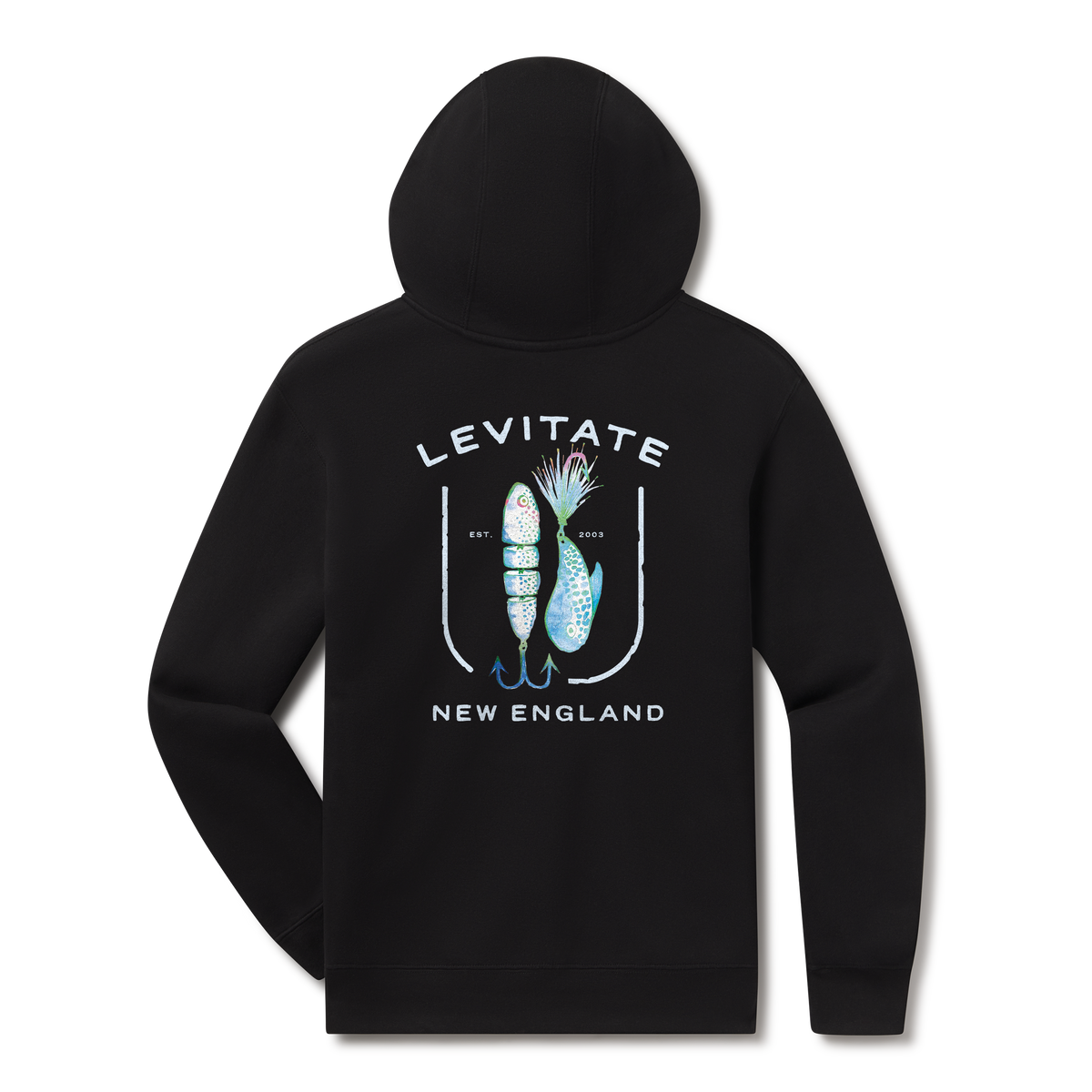Levitate Lured In Hoodie, back: Jointed swimbait and bucktail fishing lures framed inside a fishhook with Levitate New England lettering