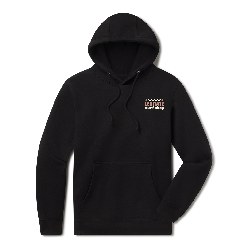 Levitate Throwback Hoodie, front: Breaking wave inside a checkerboard frame with retro Levitate Surf Shop lettering