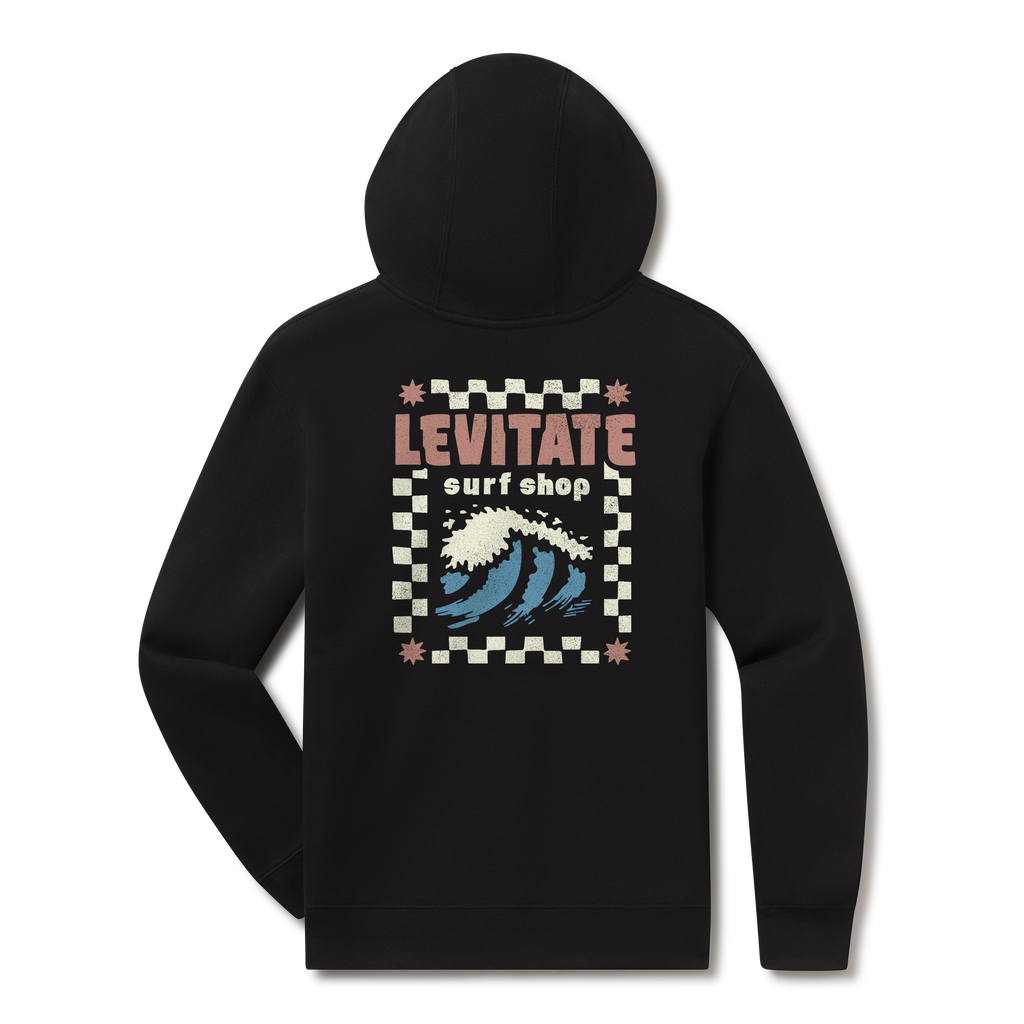 Levitate Throwback Hoodie, back: Breaking wave inside a checkerboard frame with retro Levitate Surf Shop lettering