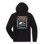 Levitate Throwback Hoodie, back: Breaking wave inside a checkerboard frame with retro Levitate Surf Shop lettering