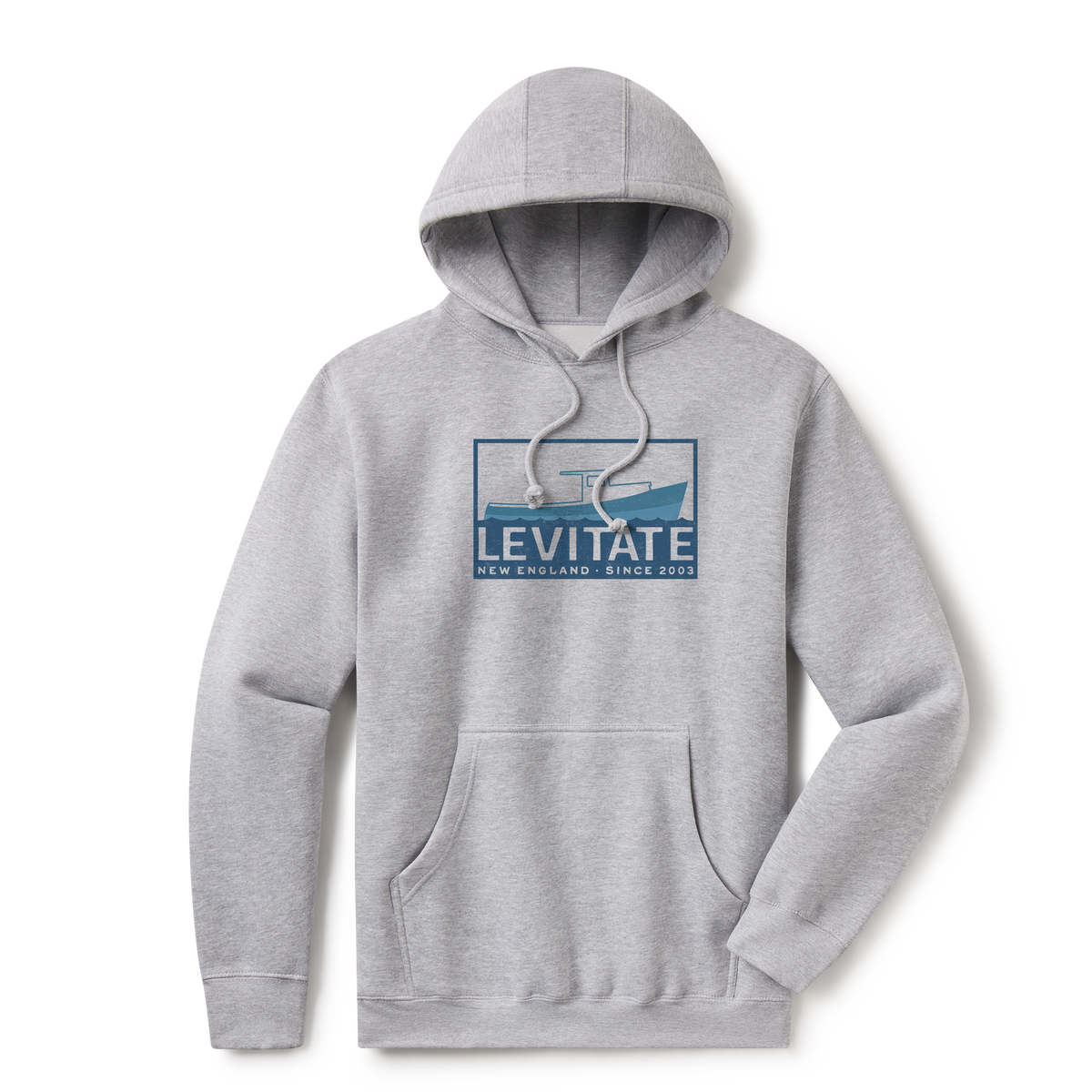 Levitate Vintage Trawler Hoodie, front: Tonal print of a New England fishing trawler over the Levitate wordmark