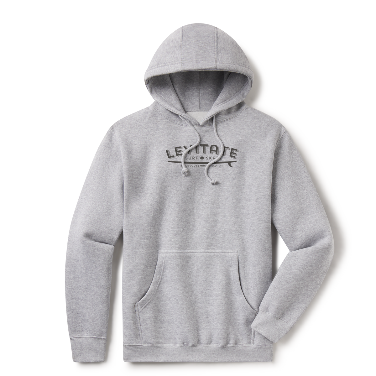 Levitate Longboard Hoodie, front: Arched Levitate wordmark over a longboard, printed tonal