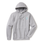 Levitate Lured In Hoodie, front: Jointed swimbait and bucktail fishing lures framed inside a fishhook with Levitate New England lettering