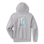Levitate Lured In Hoodie, back: Jointed swimbait and bucktail fishing lures framed inside a fishhook with Levitate New England lettering