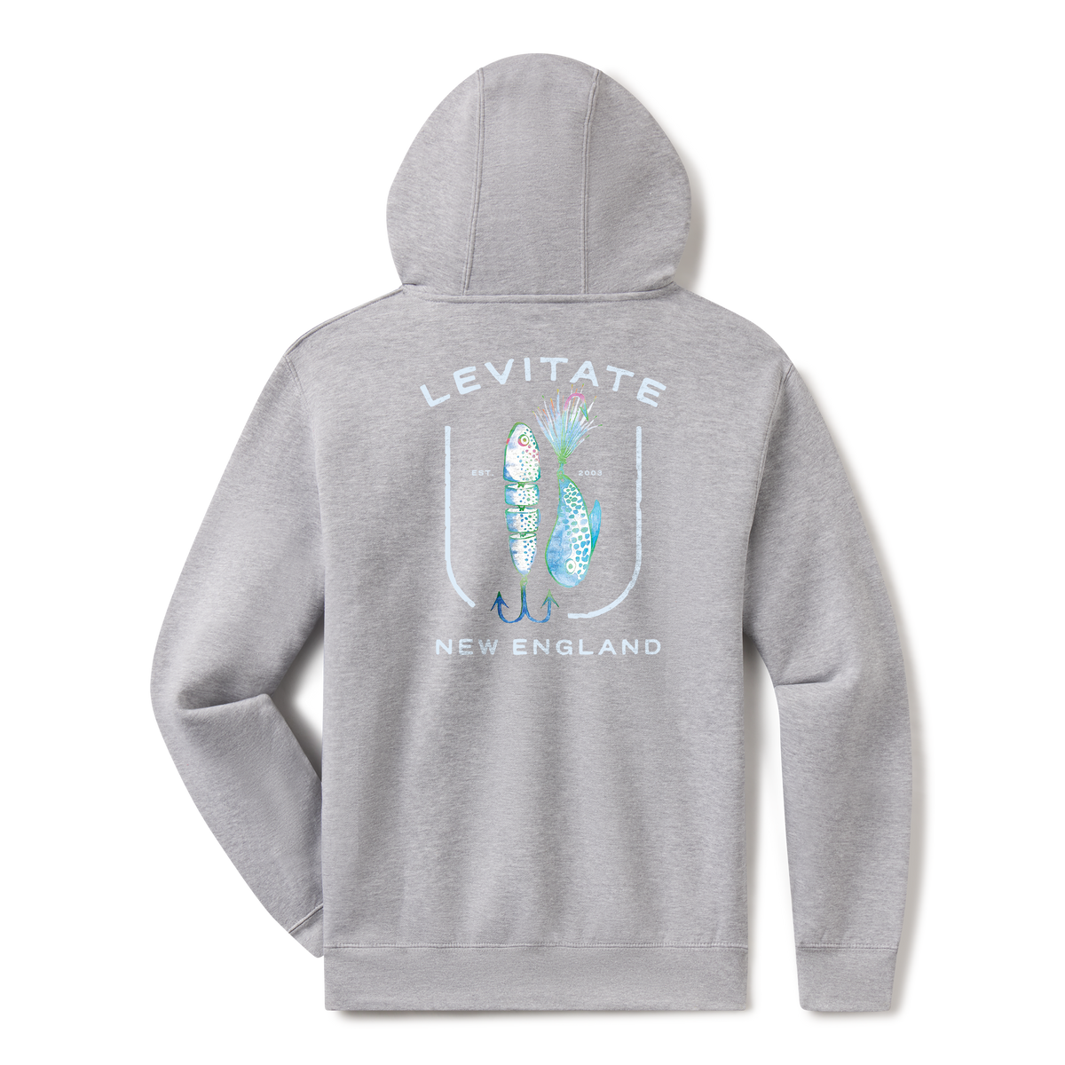 Levitate Lured In Hoodie, back: Jointed swimbait and bucktail fishing lures framed inside a fishhook with Levitate New England lettering