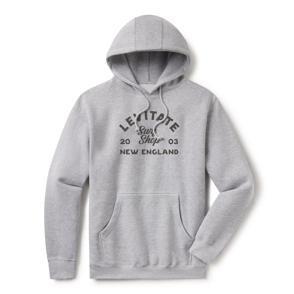 Levitate Traditional Hoodie, front: Arched Levitate lettering with Surf Shop script, 20 03 and New England