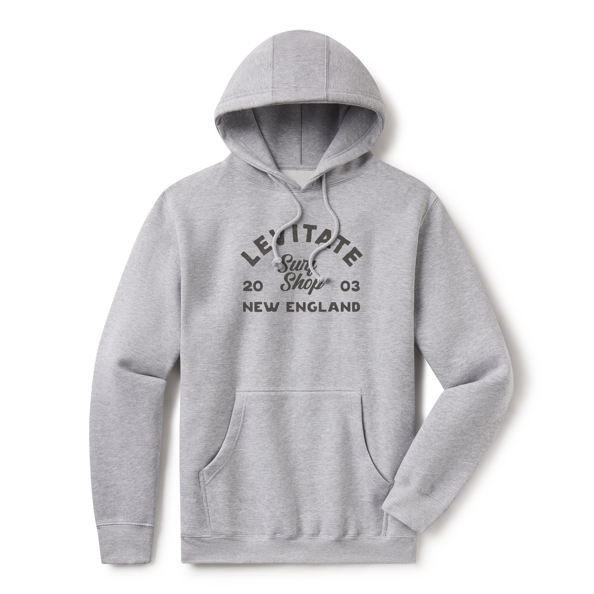 Levitate Traditional Hoodie, front: Arched Levitate lettering with Surf Shop script, 20 03 and New England