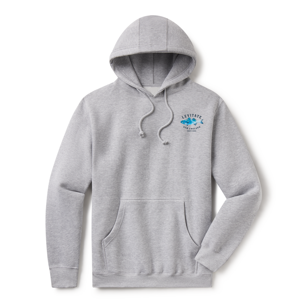 Levitate Trippy Fish Hoodie, front: Watercolor striped bass in blues under arched Levitate New England Since 2003 lettering