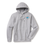 Levitate Trippy Fish Hoodie, front: Watercolor striped bass in blues under arched Levitate New England Since 2003 lettering