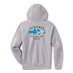 Levitate Trippy Fish Hoodie, back: Watercolor striped bass in blues under arched Levitate New England Since 2003 lettering