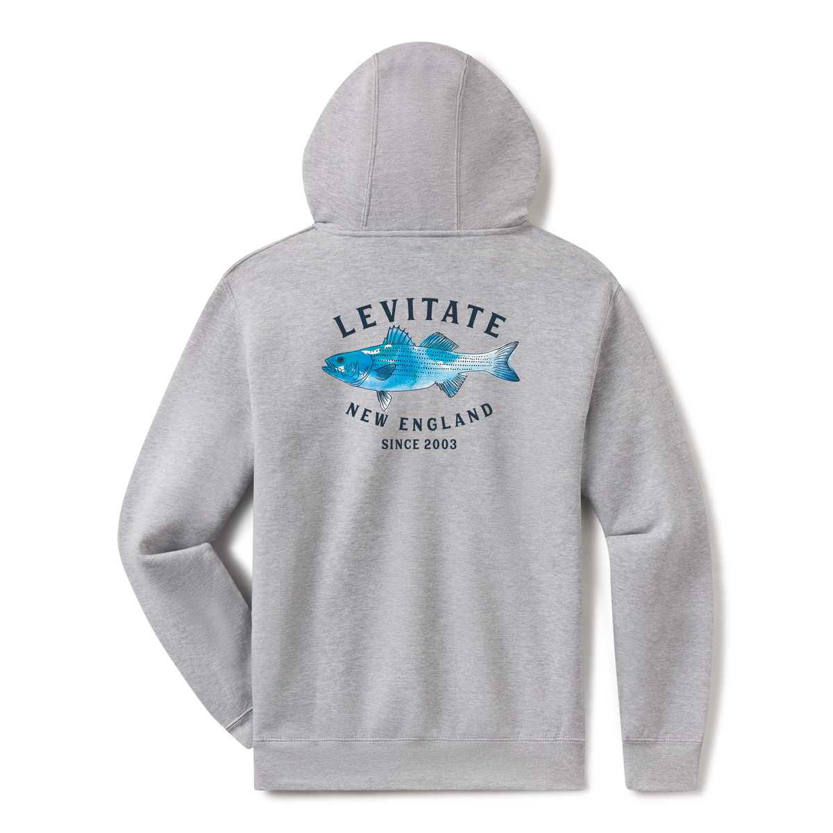 Levitate Trippy Fish Hoodie, back: Watercolor striped bass in blues under arched Levitate New England Since 2003 lettering
