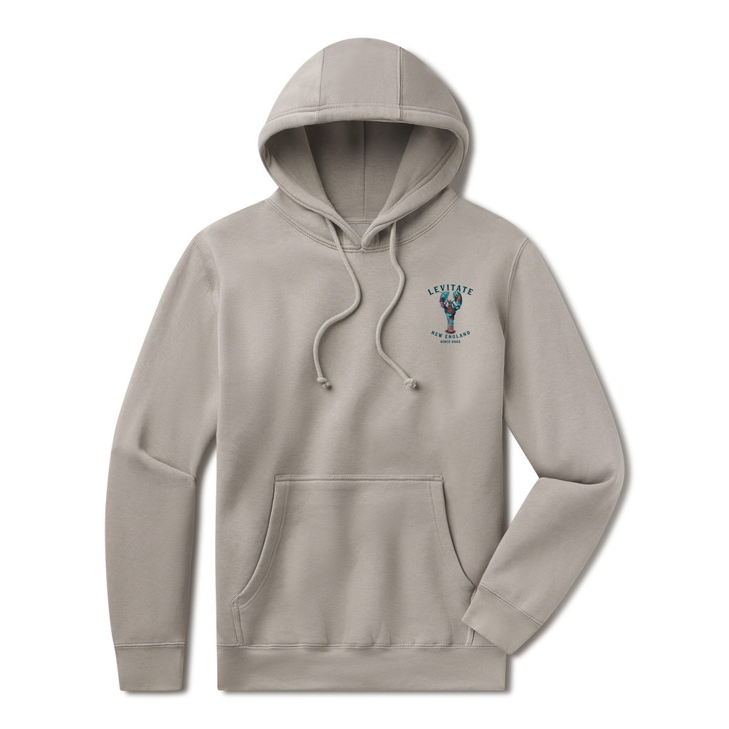 Levitate Trippy Lobster Hoodie, front: Hand-watercolored lobster in teal, purple and rust under Levitate New England lettering