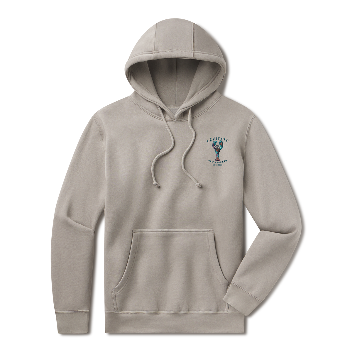 Levitate Trippy Lobster Hoodie, front: Hand-watercolored lobster in teal, purple and rust under Levitate New England lettering