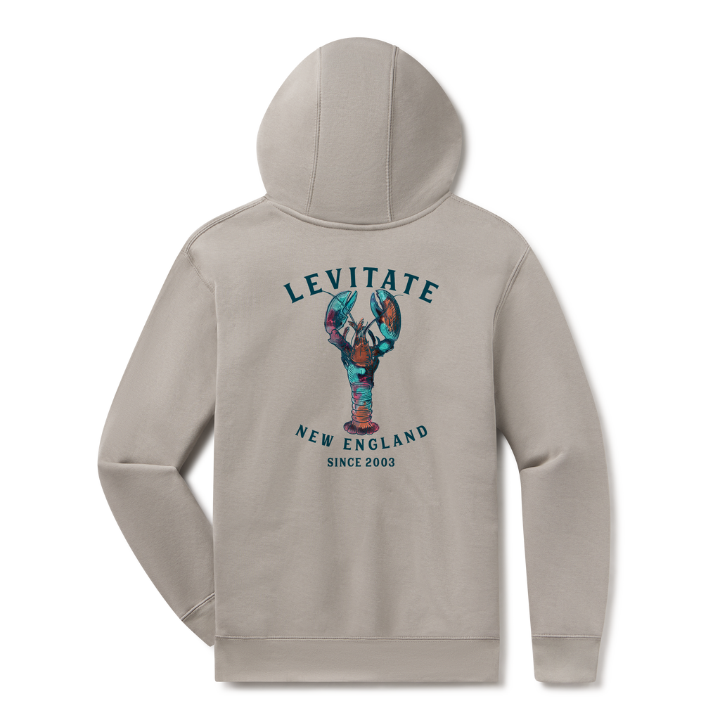 Levitate Trippy Lobster Hoodie, back: Hand-watercolored lobster in teal, purple and rust under Levitate New England lettering