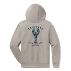 Levitate Trippy Lobster Hoodie, back: Hand-watercolored lobster in teal, purple and rust under Levitate New England lettering