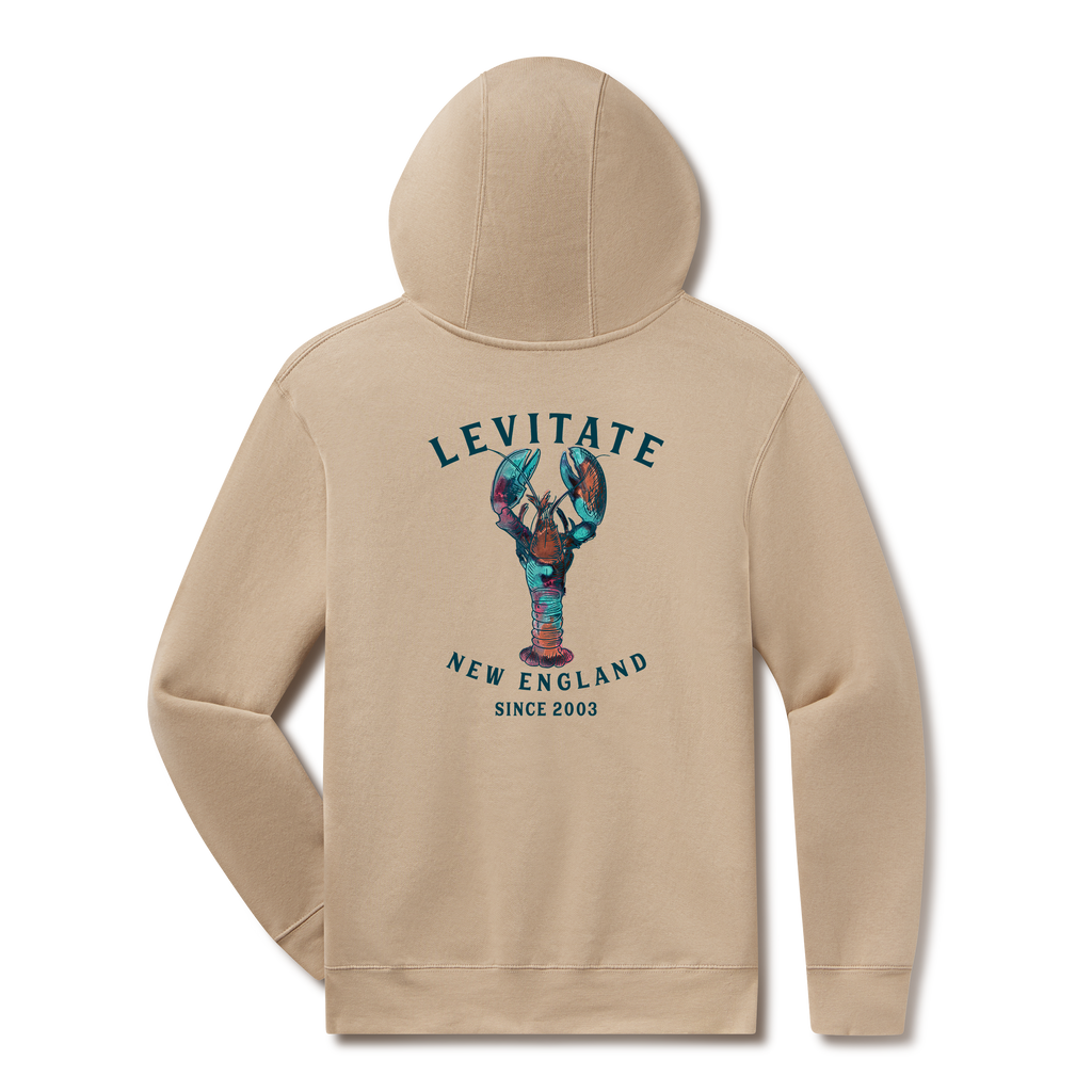 Levitate Trippy Lobster Hoodie, back: Hand-watercolored lobster in teal, purple and rust under Levitate New England lettering