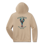 Levitate Trippy Lobster Hoodie, back: Hand-watercolored lobster in teal, purple and rust under Levitate New England lettering