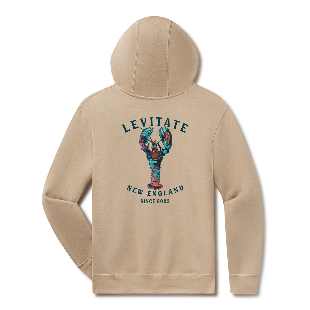 Levitate Trippy Lobster Hoodie, back: Hand-watercolored lobster in teal, purple and rust under Levitate New England lettering