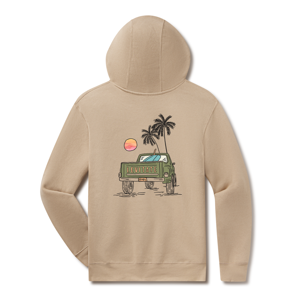 Levitate Sunset Pick Up Hoodie, back: Back of a vintage green pickup under palm trees at sunset with Levitate on the tailgate