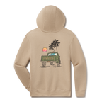 Levitate Sunset Pick Up Hoodie, back: Back of a vintage green pickup under palm trees at sunset with Levitate on the tailgate