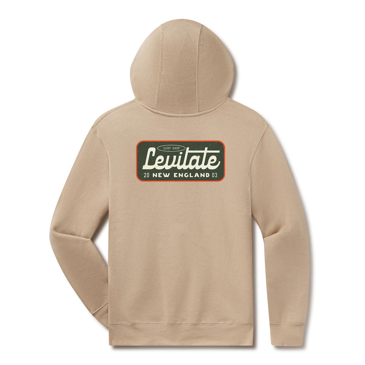 Levitate Coastal Classic Hoodie, back: Vintage patch-style Levitate script badge with New England lettering on back, small badge on chest