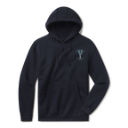 Levitate Trippy Lobster Hoodie, front: Hand-watercolored lobster in teal, purple and rust under Levitate New England lettering