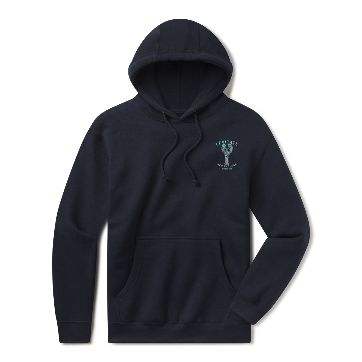 Levitate Trippy Lobster Hoodie, front: Hand-watercolored lobster in teal, purple and rust under Levitate New England lettering