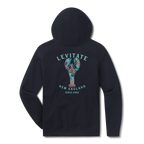 Levitate Trippy Lobster Hoodie, back: Hand-watercolored lobster in teal, purple and rust under Levitate New England lettering