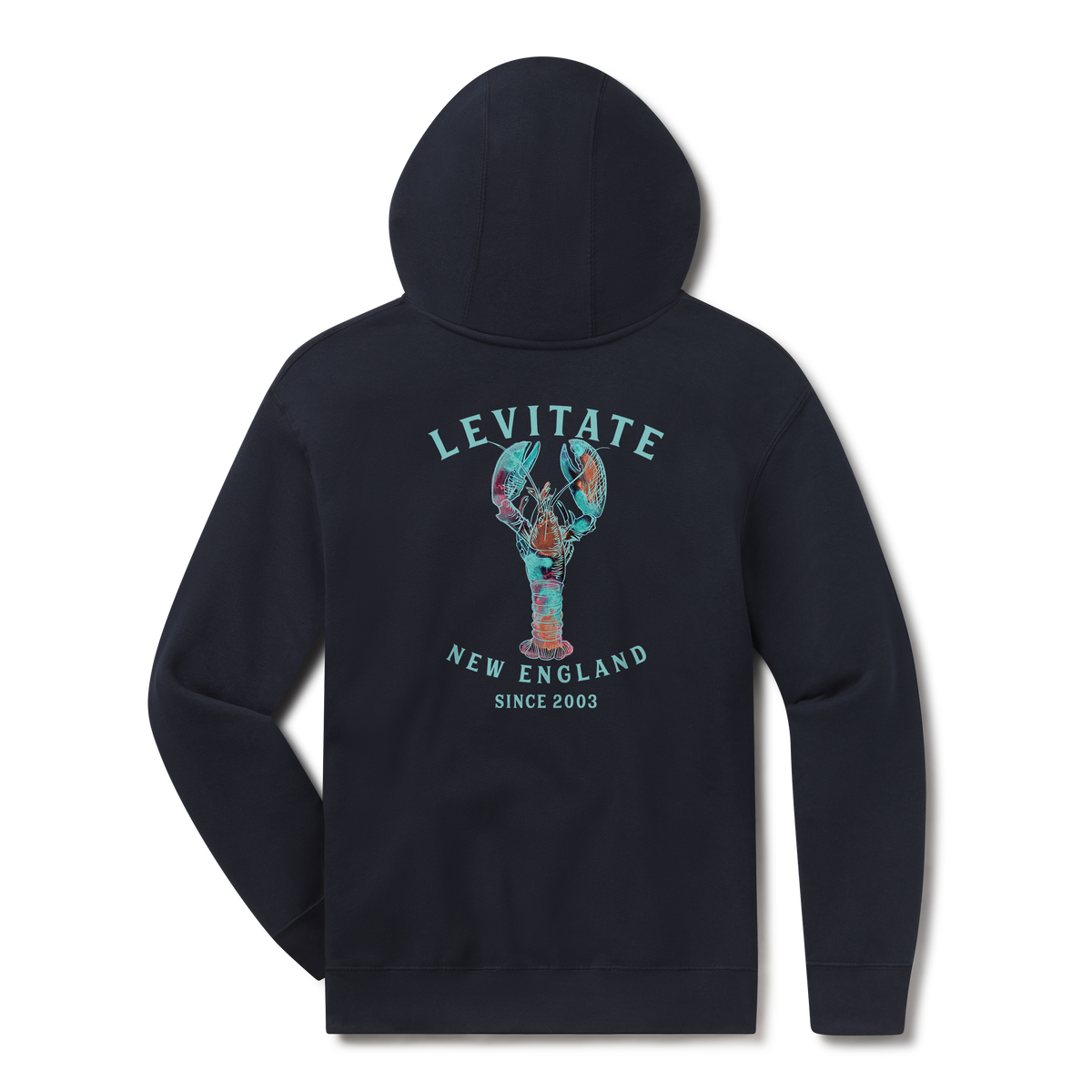 Levitate Trippy Lobster Hoodie, back: Hand-watercolored lobster in teal, purple and rust under Levitate New England lettering