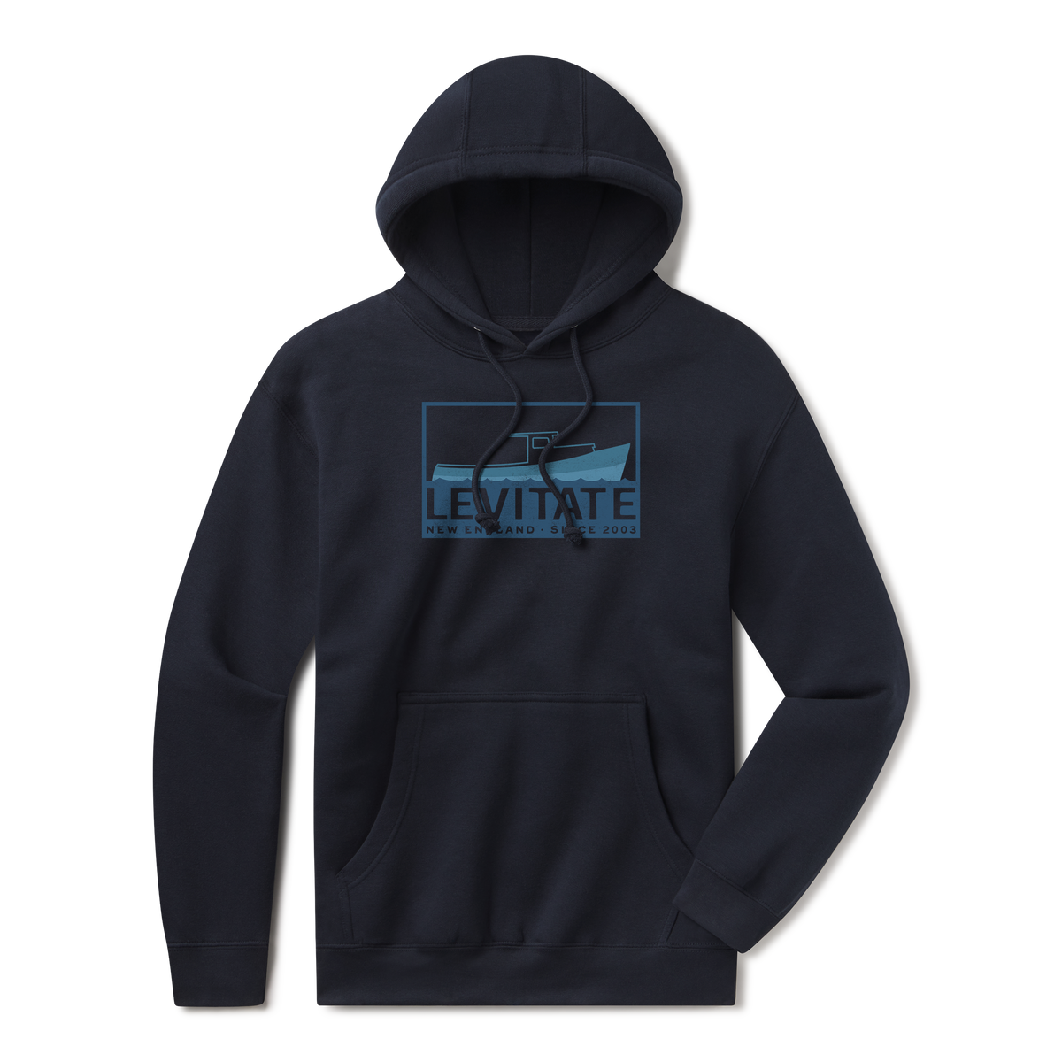 Levitate Vintage Trawler Hoodie, front: Tonal print of a New England fishing trawler over the Levitate wordmark