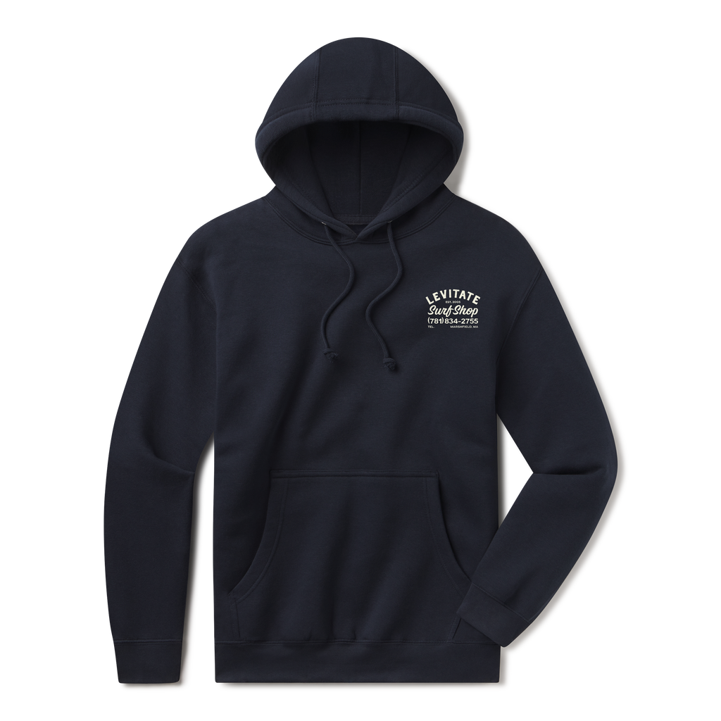 Levitate Downtown Hoodie, front: Fine-line drawing of the Levitate Surf Shop building in Marshfield with Est. 2003 and the shop phone number