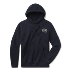 Levitate Downtown Hoodie, front: Fine-line drawing of the Levitate Surf Shop building in Marshfield with Est. 2003 and the shop phone number