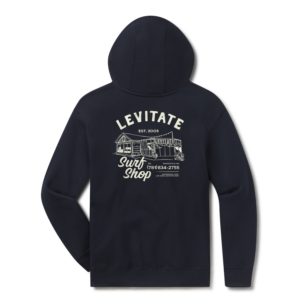 Levitate Downtown Hoodie, back: Fine-line drawing of the Levitate Surf Shop building in Marshfield with Est. 2003 and the shop phone number