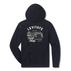 Levitate Downtown Hoodie, back: Fine-line drawing of the Levitate Surf Shop building in Marshfield with Est. 2003 and the shop phone number