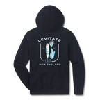 Levitate Lured In Hoodie, back: Jointed swimbait and bucktail fishing lures framed inside a fishhook with Levitate New England lettering