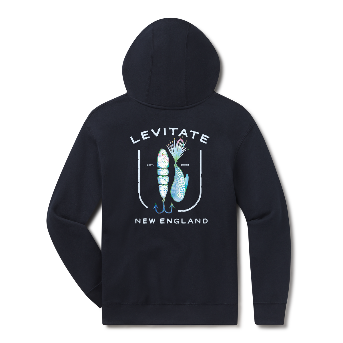 Levitate Lured In Hoodie, back: Jointed swimbait and bucktail fishing lures framed inside a fishhook with Levitate New England lettering