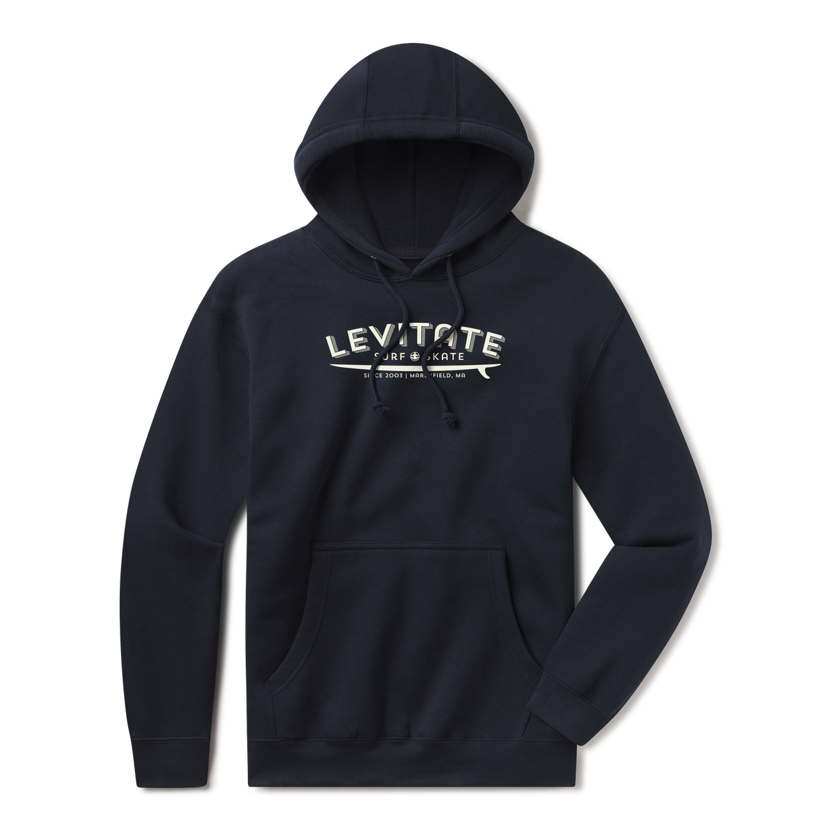 Levitate Longboard Hoodie, front: Arched Levitate wordmark over a longboard, printed tonal