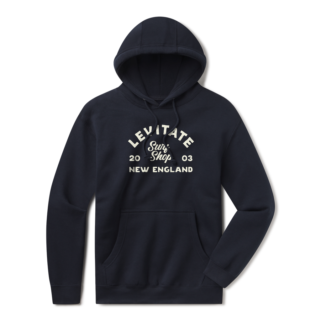 Levitate Traditional Hoodie, front: Arched Levitate lettering with Surf Shop script, 20 03 and New England