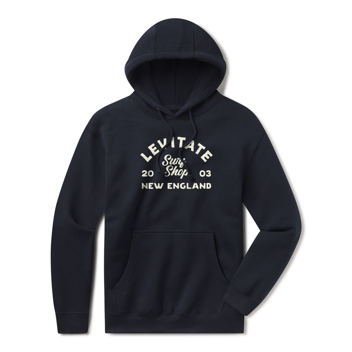 Levitate Traditional Hoodie, front: Arched Levitate lettering with Surf Shop script, 20 03 and New England