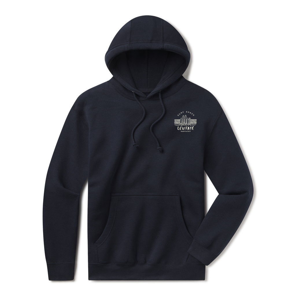 Levitate ACK Shack Hoodie, front: Hand-drawn line art of the Levitate Surf Shack on Nantucket with potted plants and surfboards; small Surf Shack badge on chest