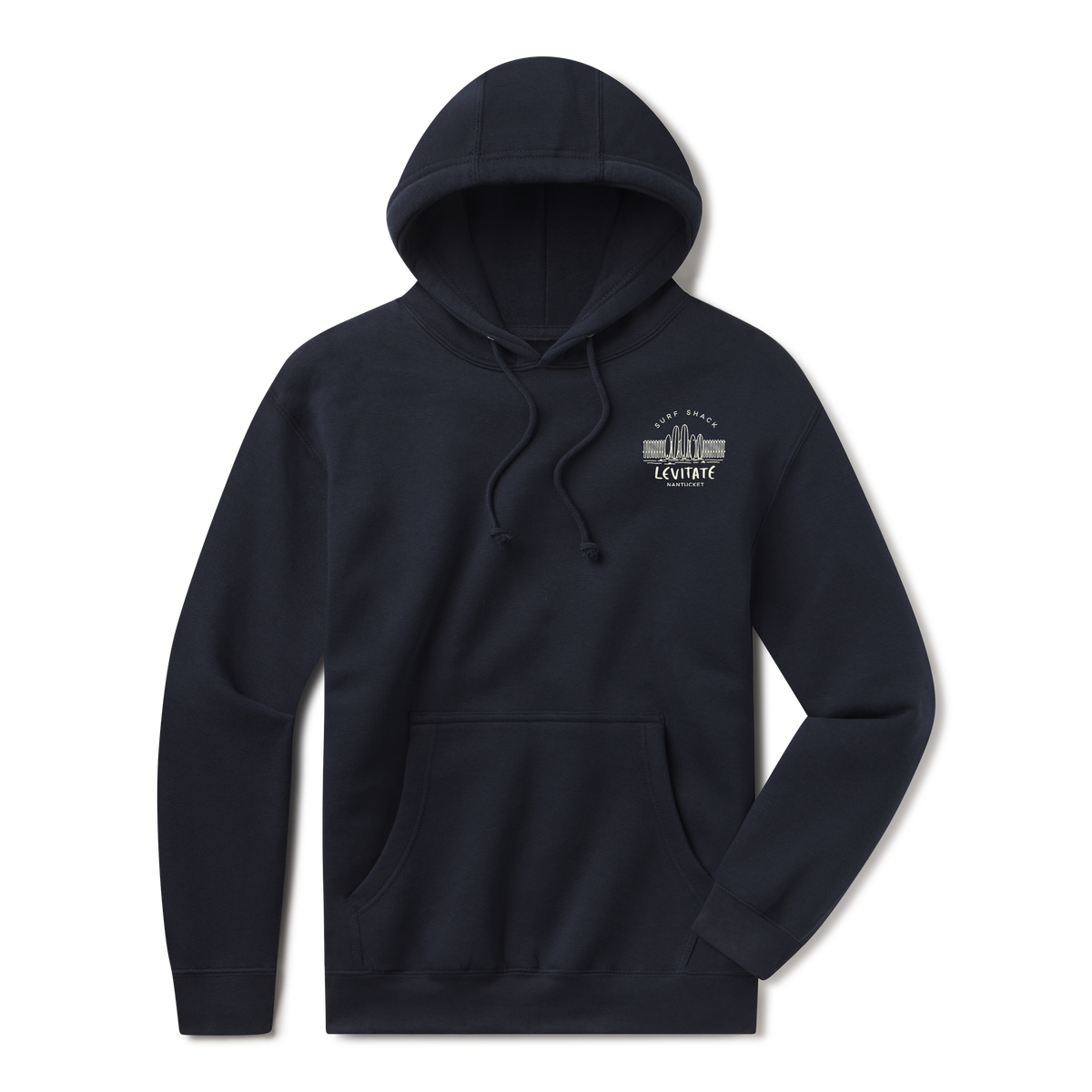 Levitate ACK Shack Hoodie, front: Hand-drawn line art of the Levitate Surf Shack on Nantucket with potted plants and surfboards; small Surf Shack badge on chest