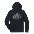 Levitate ACK Shack Hoodie, back: Hand-drawn line art of the Levitate Surf Shack on Nantucket with potted plants and surfboards; small Surf Shack badge on chest