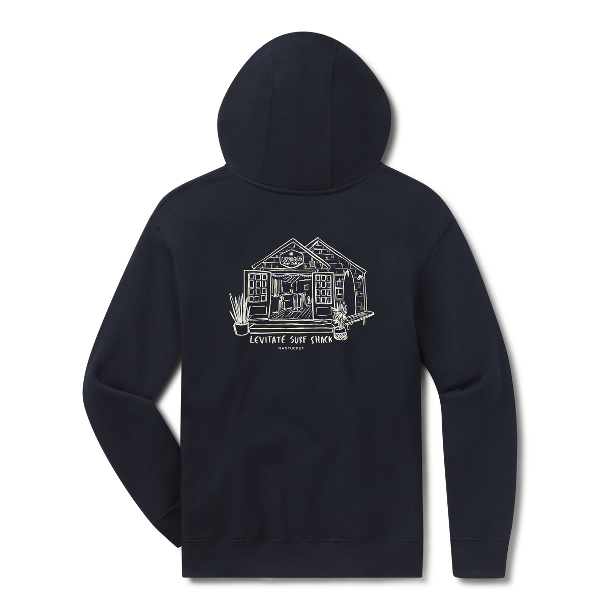 Levitate ACK Shack Hoodie, back: Hand-drawn line art of the Levitate Surf Shack on Nantucket with potted plants and surfboards; small Surf Shack badge on chest