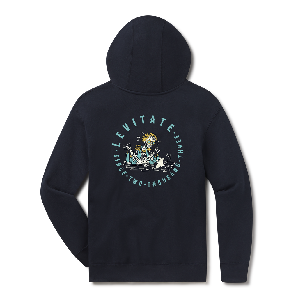 Levitate Los Muertos Hoodie, back: Day of the Dead-style skeleton art inside a round Levitate badge with Since Two Thousand Three text