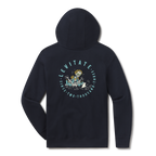 Levitate Los Muertos Hoodie, back: Day of the Dead-style skeleton art inside a round Levitate badge with Since Two Thousand Three text