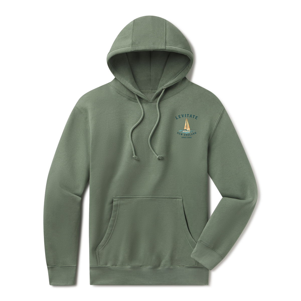 Levitate Trippy Sailboat Hoodie, front: Watercolor sailboat on waves under Levitate New England Since 2003 lettering