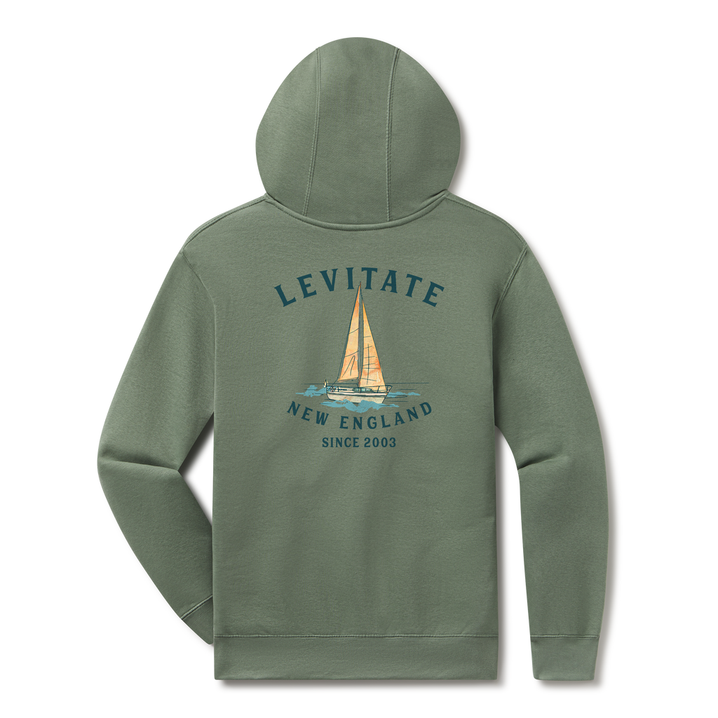 Levitate Trippy Sailboat Hoodie, back: Watercolor sailboat on waves under Levitate New England Since 2003 lettering