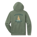 Levitate Trippy Sailboat Hoodie, back: Watercolor sailboat on waves under Levitate New England Since 2003 lettering